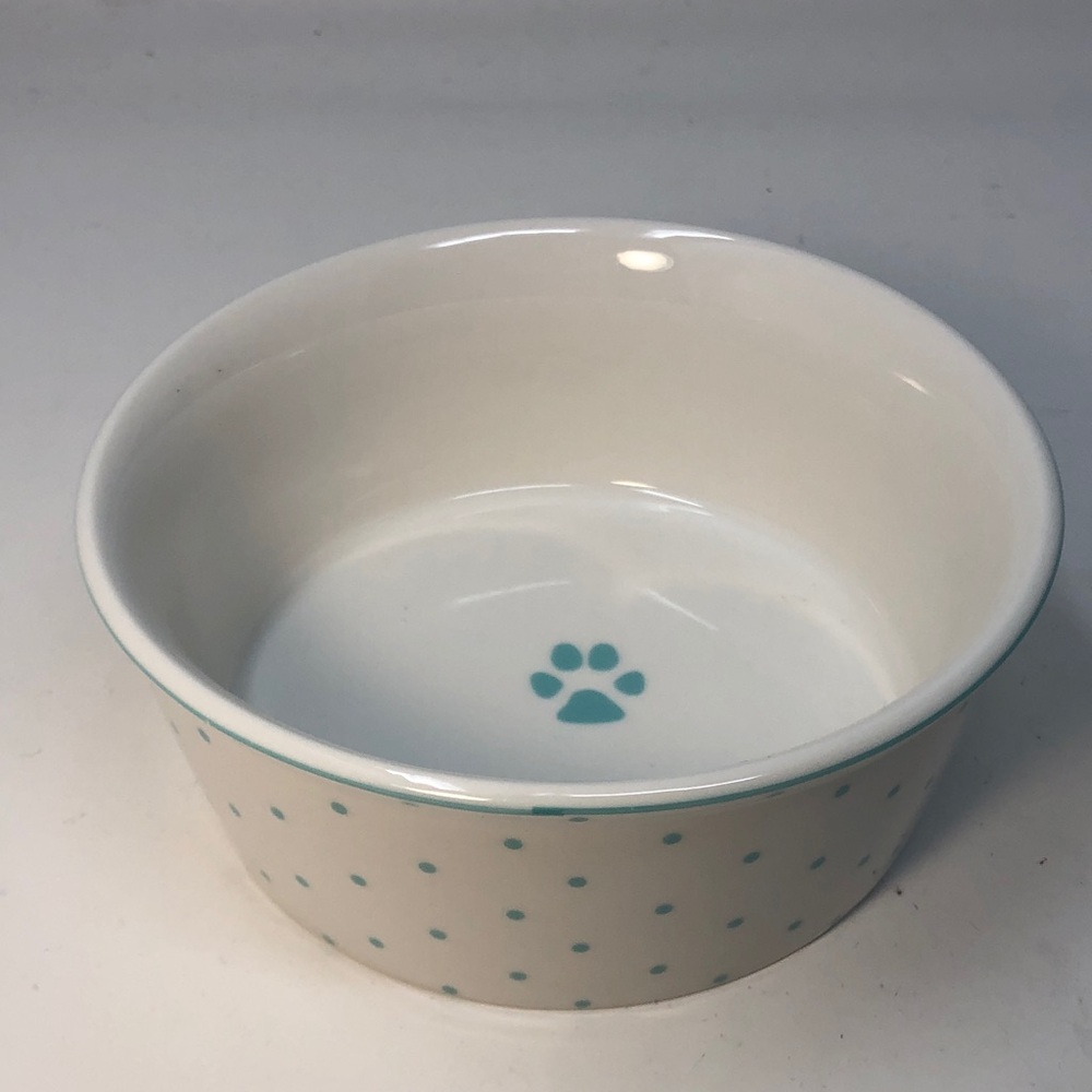 White and real Blue Polka Dot ceramic Pet Bowl teal paw print inside